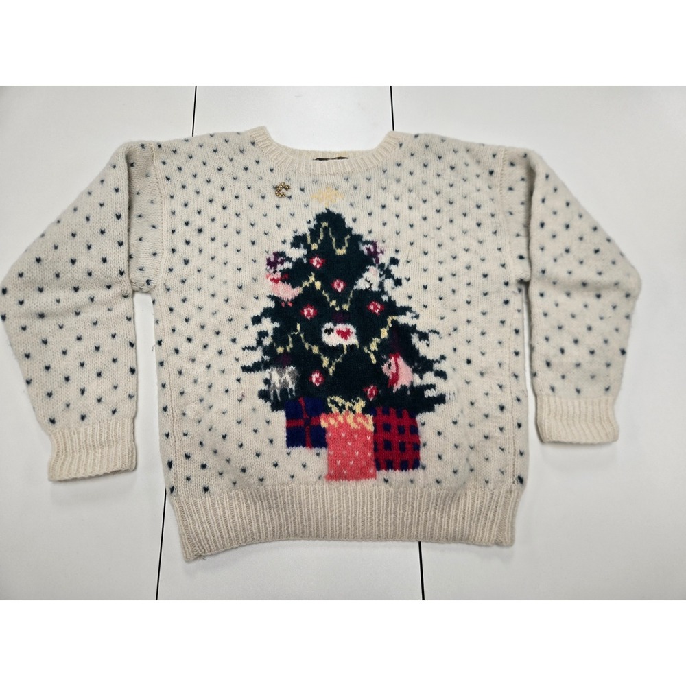 Vintage 1989 Eddie Bauer Christmas Tree Wool Sweater Small Cream Holiday Pin